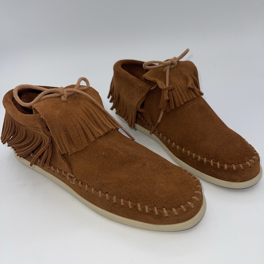 Minnetonka Women's Suede Fringe Moccasins Brown Lace Up Loafers Size 7.5